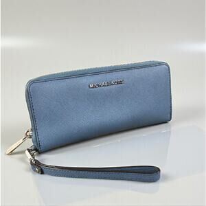 MICHAEL KORS Jet Set Travel Leather Wallet Wristlet Zip Around Card Holder Blue